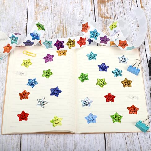1000PCS 1" 10 Colored Smile Face Star Stickers for Kids Reward, Sparkly Foil Star Stickers for Student Planner and School Classroom Teacher Supplies in Saudi Arabia
