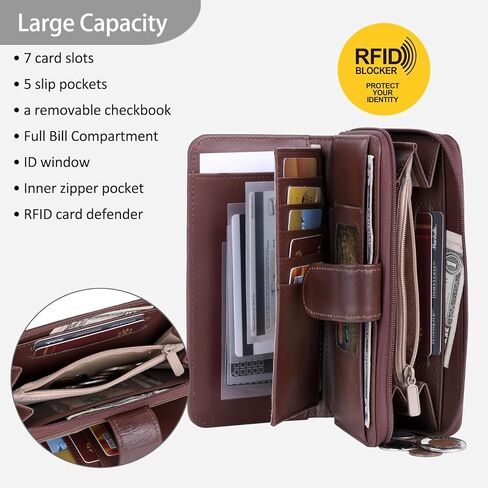 Julia Buxton Women's RFID Blocking Checkbook Wallet with Zipper Closure, Multiple Card Slots & ID Window, Gift Idea,Mahogany in Kuwait