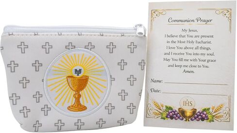 White First Holy Communion Rosary Pouch & Prayer Card Set | Great Catholic Gift for First Eucharist | Lined Pouch with Zip Closure in Saudi Arabia