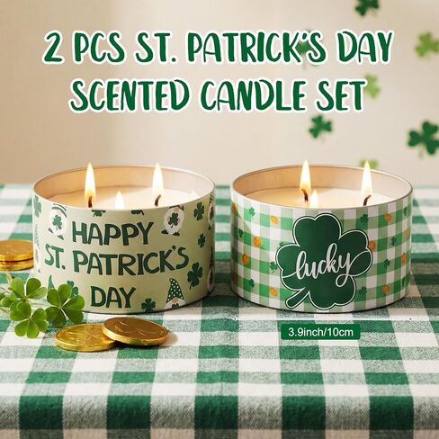 2 Pcs Happy St. Patrick's Candles Gifts Green Lucky Irish Scent Candles Patrick's Party Favors Aromatherapy Lime Basil Soy Wax for Women Men Housewarming Gifts Office Holiday Decor, 10oz in Saudi Arabia