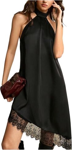 OYOANGLE Women's 2026 Summer Satin Dress Sleeveless Halter Lace Trim Asymmetrical Cocktail Party Dress in Saudi Arabia