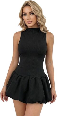 Women's Backless Bubble Mini Dress Y2k Mock Neck A Line Ribbed Knit Date Night Club Dresses in Saudi Arabia