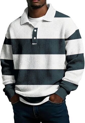 Mens Striped Polo Shirts Long Sleeve Collared Waffle Y2k T-Shirt Plus Size Button Casual Active Work Golf Blouse in Saudi Arabia