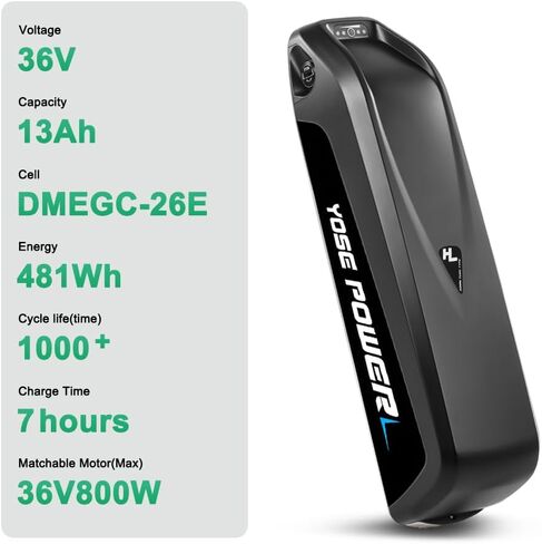 Yose Power Ebike Battery 36V 13Ah Down Tube Battery for 100W-700W Motor Electric Bicycle Lithium-Ion Safe Lock Led Indicator Light with Base and Charger 4 Pins Discharging Port in Kuwait