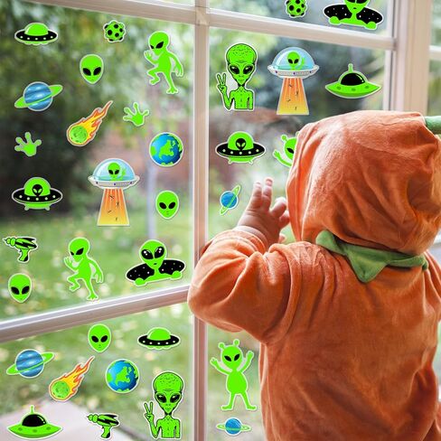 Whaline 34Pcs Halloween Alien Thick Gel Clings Green Alien Flying Saucer UFO Reusable Window Decals for Aliens Theme Birthday Party Supplies, 2 Sheets in Saudi Arabia
