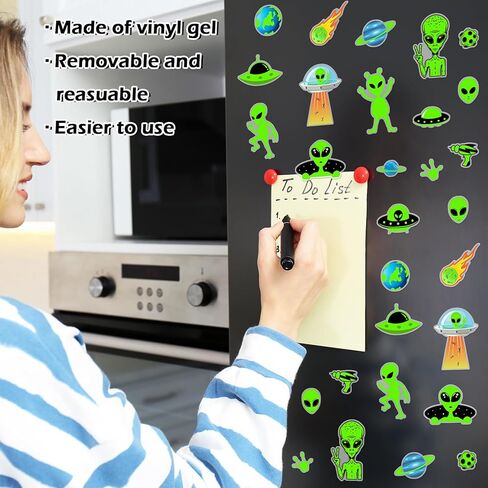 Whaline 34Pcs Halloween Alien Thick Gel Clings Green Alien Flying Saucer UFO Reusable Window Decals for Aliens Theme Birthday Party Supplies, 2 Sheets in Saudi Arabia