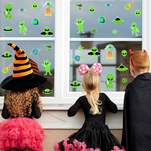 Whaline 34Pcs Halloween Alien Thick Gel Clings Green Alien Flying Saucer UFO Reusable Window Decals for Aliens Theme Birthday Party Supplies, 2 Sheets in Saudi Arabia