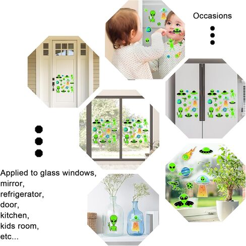 Whaline 34Pcs Halloween Alien Thick Gel Clings Green Alien Flying Saucer UFO Reusable Window Decals for Aliens Theme Birthday Party Supplies, 2 Sheets in Saudi Arabia