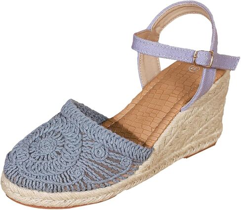 صنادل نسائية من القطن بكعب عريض أحذية صيفية للشاطئ من الكروشيه مصنوعة من الكتان الطبيعي ومغلقة من الأمام in Kuwait