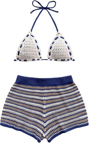 Verdusa Women's 2 Piece Halter Bikini Sets Striped Crochet High Waisted Swimsuits in Saudi Arabia