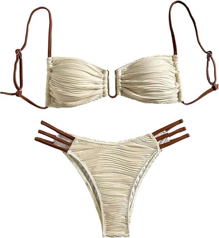 OYOANGLE Women's Two Piece Swimsuit Textured U Wired Cut Out Bikini Set Tie Back Cheeky Bathing Suit in Saudi Arabia