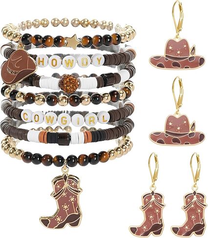 WCRAZYE 5 Pcs Western Cowgirl Bracelets Jewelry Set for Women Cowgirl Hat Boots Earring Stackable Western Country Beaded Stretch Bracelets Boho Summer Beach Jewelry in Saudi Arabia
