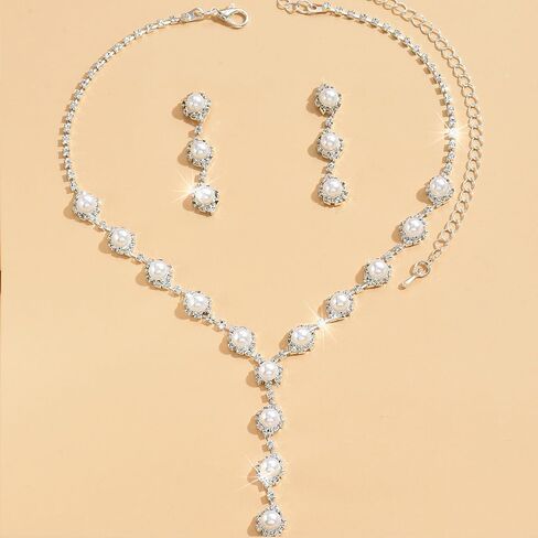 GIGB PBDK Rhinestone Bridal Necklace Earrings Sets for Women Bohemia Silver Crystal Pearl Dangle Tassel Earrings Minimalist Zircon Y Choker Wedding Jewelry Gift in Saudi Arabia