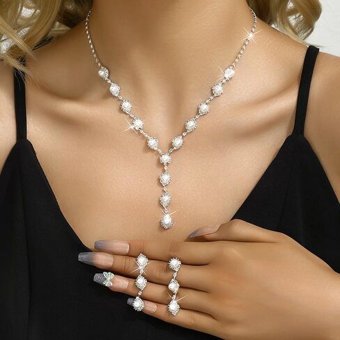 GIGB PBDK Rhinestone Bridal Necklace Earrings Sets for Women Bohemia Silver Crystal Pearl Dangle Tassel Earrings Minimalist Zircon Y Choker Wedding Jewelry Gift in Saudi Arabia
