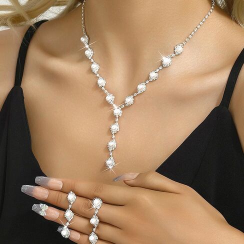 GIGB PBDK Rhinestone Bridal Necklace Earrings Sets for Women Bohemia Silver Crystal Pearl Dangle Tassel Earrings Minimalist Zircon Y Choker Wedding Jewelry Gift in Saudi Arabia