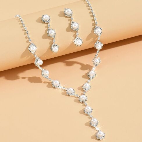 GIGB PBDK Rhinestone Bridal Necklace Earrings Sets for Women Bohemia Silver Crystal Pearl Dangle Tassel Earrings Minimalist Zircon Y Choker Wedding Jewelry Gift in Saudi Arabia