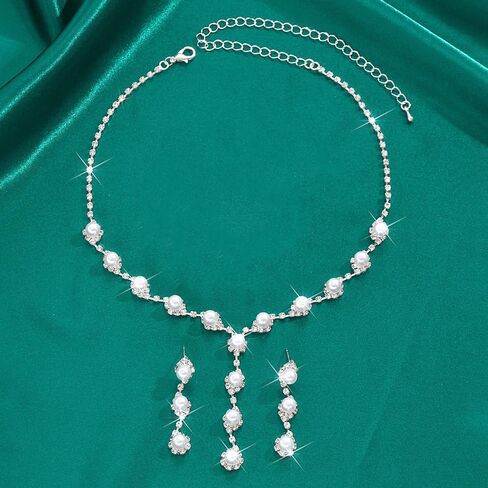 GIGB PBDK Rhinestone Bridal Necklace Earrings Sets for Women Bohemia Silver Crystal Pearl Dangle Tassel Earrings Minimalist Zircon Y Choker Wedding Jewelry Gift in Saudi Arabia