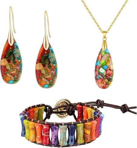 Healing Stone Series Set: Colorful Gold Earrings + Colorful Gold Necklace + Healing Bracelet in Kuwait