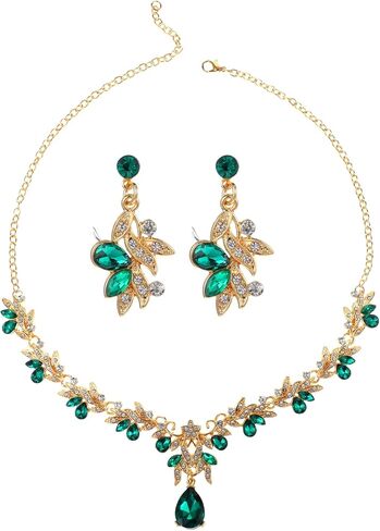 3 PCS Green and Gold Jewelry Set, Rhinestone Bridal Wedding Jewelry Sets Elegant Necklace Earrings Formal Costume Jewelrys Set for Women Brides Prom Costume Party in Saudi Arabia