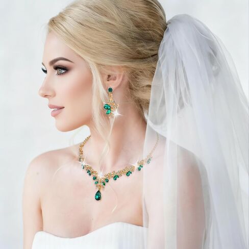 3 PCS Green and Gold Jewelry Set, Rhinestone Bridal Wedding Jewelry Sets Elegant Necklace Earrings Formal Costume Jewelrys Set for Women Brides Prom Costume Party in Saudi Arabia