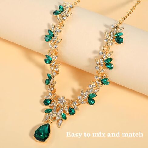 3 PCS Green and Gold Jewelry Set, Rhinestone Bridal Wedding Jewelry Sets Elegant Necklace Earrings Formal Costume Jewelrys Set for Women Brides Prom Costume Party in Saudi Arabia