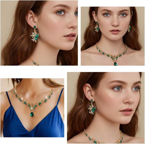 3 PCS Green and Gold Jewelry Set, Rhinestone Bridal Wedding Jewelry Sets Elegant Necklace Earrings Formal Costume Jewelrys Set for Women Brides Prom Costume Party in Saudi Arabia