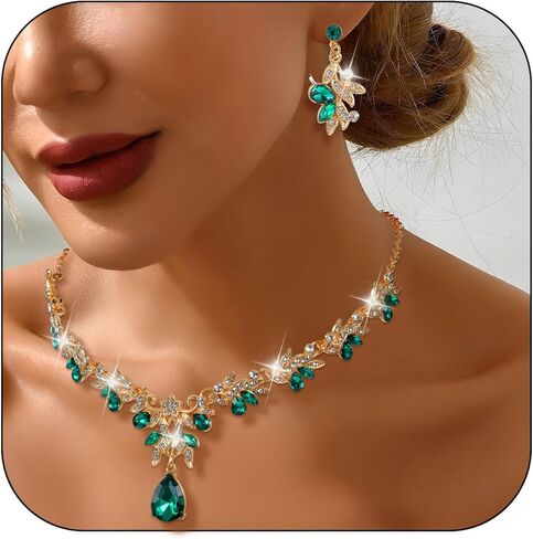 3 PCS Green and Gold Jewelry Set, Rhinestone Bridal Wedding Jewelry Sets Elegant Necklace Earrings Formal Costume Jewelrys Set for Women Brides Prom Costume Party in Saudi Arabia