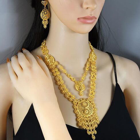 Kundan Indian Jewelry Set for Women Gold-Tone Plated Fashion Hollow Design Layered Choker Necklace Love Heart Shaped Dangle Drop Earring Bollywood Ethnic Bride Wedding Wear Exaggerated Luxurious Jewelry in Saudi Arabia
