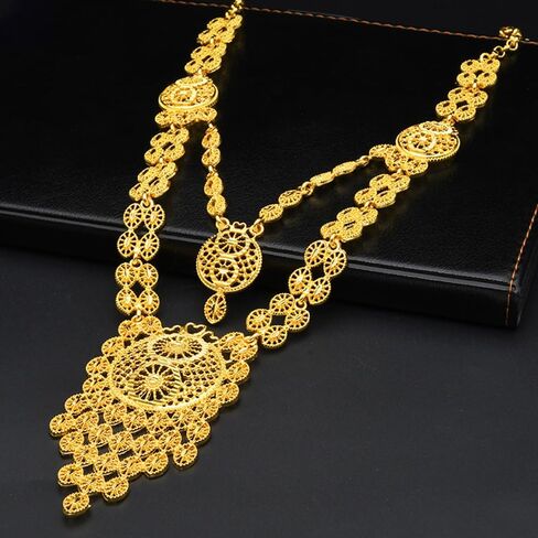 Kundan Indian Jewelry Set for Women Gold-Tone Plated Fashion Hollow Design Layered Choker Necklace Love Heart Shaped Dangle Drop Earring Bollywood Ethnic Bride Wedding Wear Exaggerated Luxurious Jewelry in Saudi Arabia