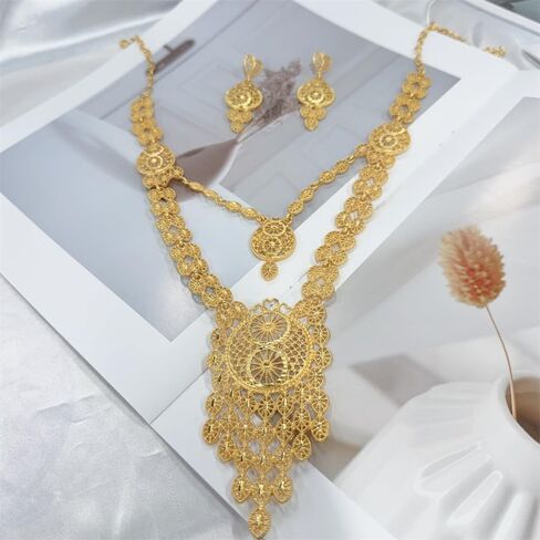 Kundan Indian Jewelry Set for Women Gold-Tone Plated Fashion Hollow Design Layered Choker Necklace Love Heart Shaped Dangle Drop Earring Bollywood Ethnic Bride Wedding Wear Exaggerated Luxurious Jewelry in Saudi Arabia