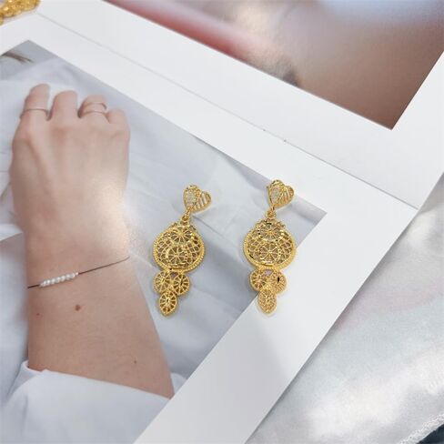 Kundan Indian Jewelry Set for Women Gold-Tone Plated Fashion Hollow Design Layered Choker Necklace Love Heart Shaped Dangle Drop Earring Bollywood Ethnic Bride Wedding Wear Exaggerated Luxurious Jewelry in Saudi Arabia