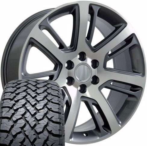 OE Wheels CA88 22 Inch Rims and Tires Fit Escalade Style 6x139.7 22x9 Gloss Gunmetal Machined - Hollander 4738 - TS-37 AT 285/45-22 (Set of 4) in Saudi Arabia