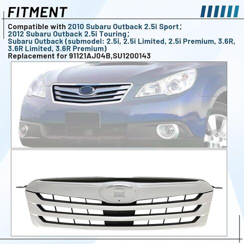 شبكة أمامية من KUAFU متوافقة مع 2010-2012 Subaru Outback 2.5i Sport Touring لاستبدال 91121AJ04B SU1200143 كروم + مصد علوي مطلي باللون الفضي والأسود in Saudi Arabia