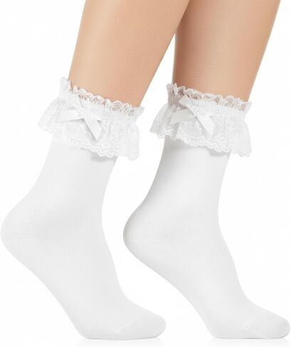 2 Pairs White Ruffle Socks for Women with Bows Lace Socks White Sock Frilly Sock for Women Dress Pants, Skirt in Saudi Arabia