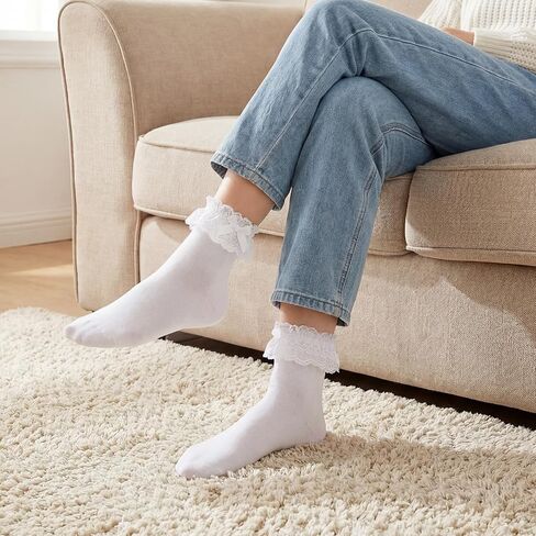 2 Pairs White Ruffle Socks for Women with Bows Lace Socks White Sock Frilly Sock for Women Dress Pants, Skirt in Saudi Arabia