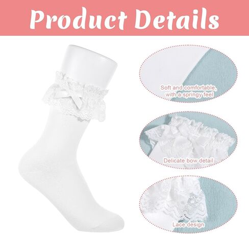 2 Pairs White Ruffle Socks for Women with Bows Lace Socks White Sock Frilly Sock for Women Dress Pants, Skirt in Saudi Arabia