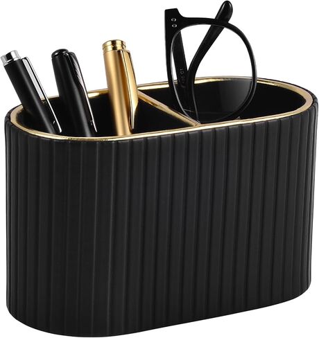منظم مكتب من جلد البولي يوريثان، حامل أقلام، حامل صغير لجهاز التحكم عن بعد، كوب قلم رصاص متعدد الوظائف، منظم منضدة للمنزل، ملحقات مكتب المدرسة المنزلية، مقصورتان (أسود) in Kuwait