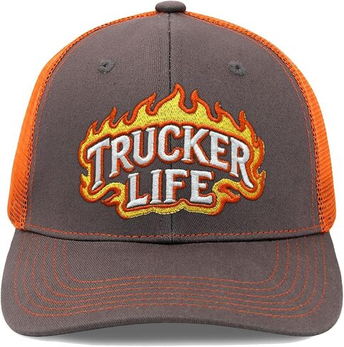 Trucker Life Embroidered Trucker Hat for Men Flame Patch Mesh Back Baseball Cap Dad Hat (Gray/Orange) in Saudi Arabia