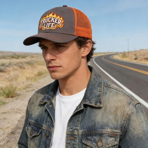 Trucker Life Embroidered Trucker Hat for Men Flame Patch Mesh Back Baseball Cap Dad Hat (Gray/Orange) in Saudi Arabia