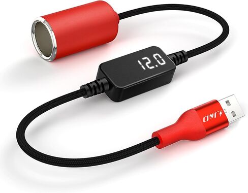 J&D USB A to 12V Cigarette Lighter Adapter Cable, 18W USB A DC 12V Car Socket Converter for Dash Cam, GPS, Driving Recorder, Supports Voltage Display, Durable Red Cord, 1 Feet in Saudi Arabia