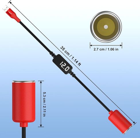 J&D USB A to 12V Cigarette Lighter Adapter Cable, 18W USB A DC 12V Car Socket Converter for Dash Cam, GPS, Driving Recorder, Supports Voltage Display, Durable Red Cord, 1 Feet in Saudi Arabia