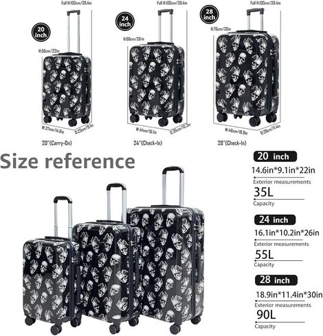 Luggage Set, 3-Piece ABS+PC Hard-Shell Luggage Set Large suitcase (20in24in28in) Skull Suitcase 3 piece luggage set in Saudi Arabia