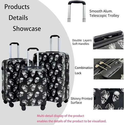Luggage Set, 3-Piece ABS+PC Hard-Shell Luggage Set Large suitcase (20in24in28in) Skull Suitcase 3 piece luggage set in Saudi Arabia