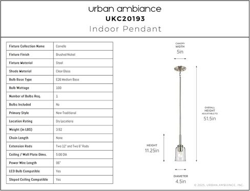 قلادة تقليدية جديدة فاخرة من Urban Ambiance، صغيرة: 11.25 بوصة ارتفاع × 4.5 بوصة عرض، مع عناصر نمط نفعية، لمسة نهائية من النيكل المصقول، UKC20193 من مجموعة Corvelle in Saudi Arabia