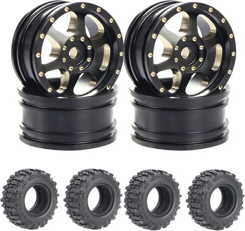 4pcs SCX30 Brass Offset 0.7'' Wheels Set with Rubber Tires Sponge Insert for AXIAL SCX30 Ford Bronco JEEP WRANGLER JLU RC Crawler Upgrade Part ﻿ (Golden 6-hole set) in Saudi Arabia