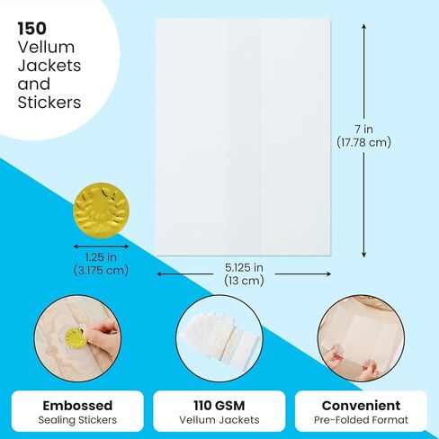 Vellum Invitation Envelopes - 5 x 7 in, 150 Pack, Transparent - Pre-Folded 110 GSM Jackets with 150 Sticker Seals for Wedding Invitations & Scrapbooking DIY Crafts in Saudi Arabia