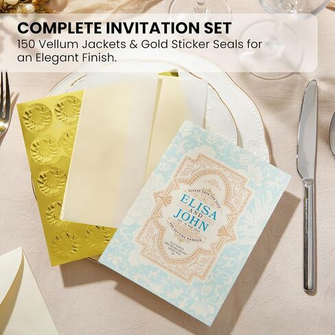 Vellum Invitation Envelopes - 5 x 7 in, 150 Pack, Transparent - Pre-Folded 110 GSM Jackets with 150 Sticker Seals for Wedding Invitations & Scrapbooking DIY Crafts in Saudi Arabia
