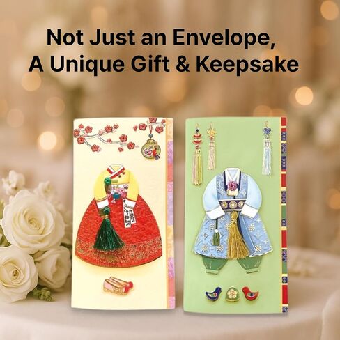 Korean Hanbok Gift Envelopes(pack of 2), Handmade Money Holder with Silk Tassel & Gold Foil, Greeting Card for Weddings, Birthdays, Baby Showers, Graduations, Christmas, white elephant gift in Saudi Arabia