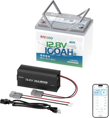 بطارية Redodo 12V 100Ah LiFePO4 مع شاحن 12V 20A، بلوتوث ذكي ومجموعة حماية منخفضة الحرارة 24 بطارية ليثيوم لمحرك التصيد، 100A BMS ذكي، مثالية للبحرية والقوارب وRV والطاقة الشمسية وخارج الشبكة in Kuwait