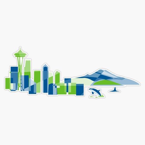 MAGNET Seattle Skyline With Space Needle Mt. Rainier And Orca In Colorful Green And Blue Geometric Shapes Magnetic Vinyl Sticker Decal Magnet 5" in Saudi Arabia